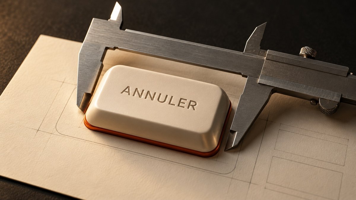 A “Cancel” button measured with calipers on a paper mockup: the button is described precisely, while the cancellation conditions remain undefined